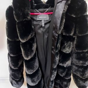 BCBG faux fur beautiful black coat.  Size small.